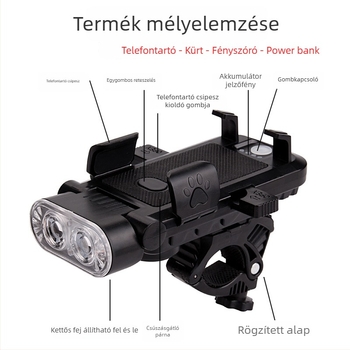 4 az 1-ben kerékpár világítás éjszakai tekeréshez: elsőfény, power bank, egygombos telefonzár