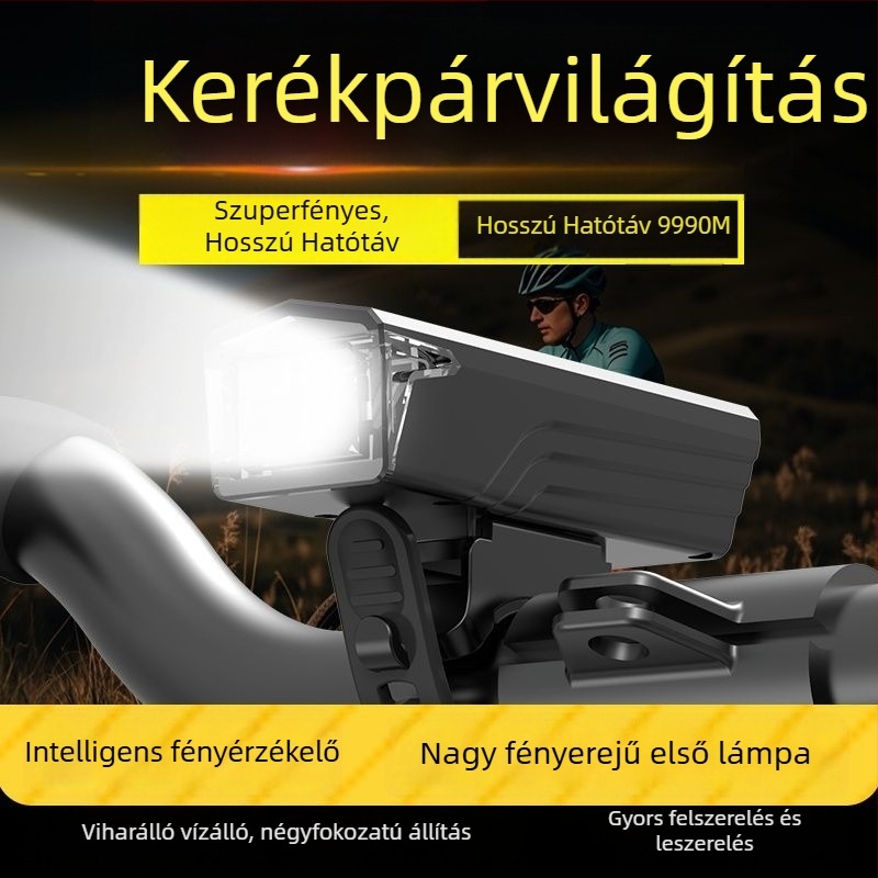 Szenzoros kerékpár első lámpa éjszakai tekeréshez, újratölthető MTB előfénnyel, erős megvilágítással