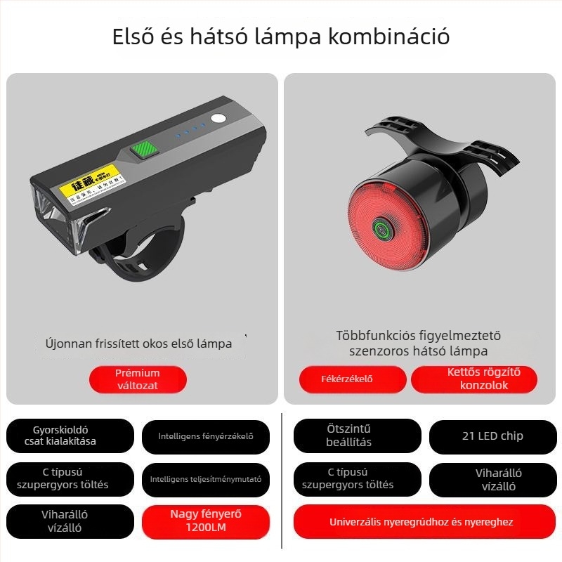 Szenzoros kerékpár első lámpa éjszakai tekeréshez, újratölthető MTB előfénnyel, erős megvilágítással