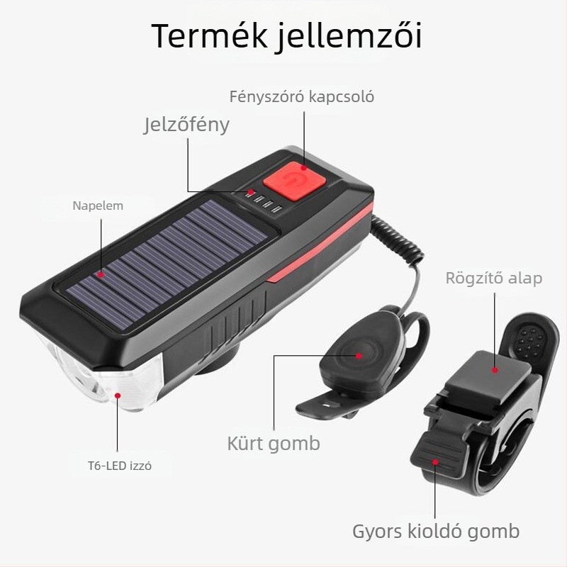 Napelemes elülső kerékpárlámpa 120 dB-es kürttel, terepkerékpárhoz