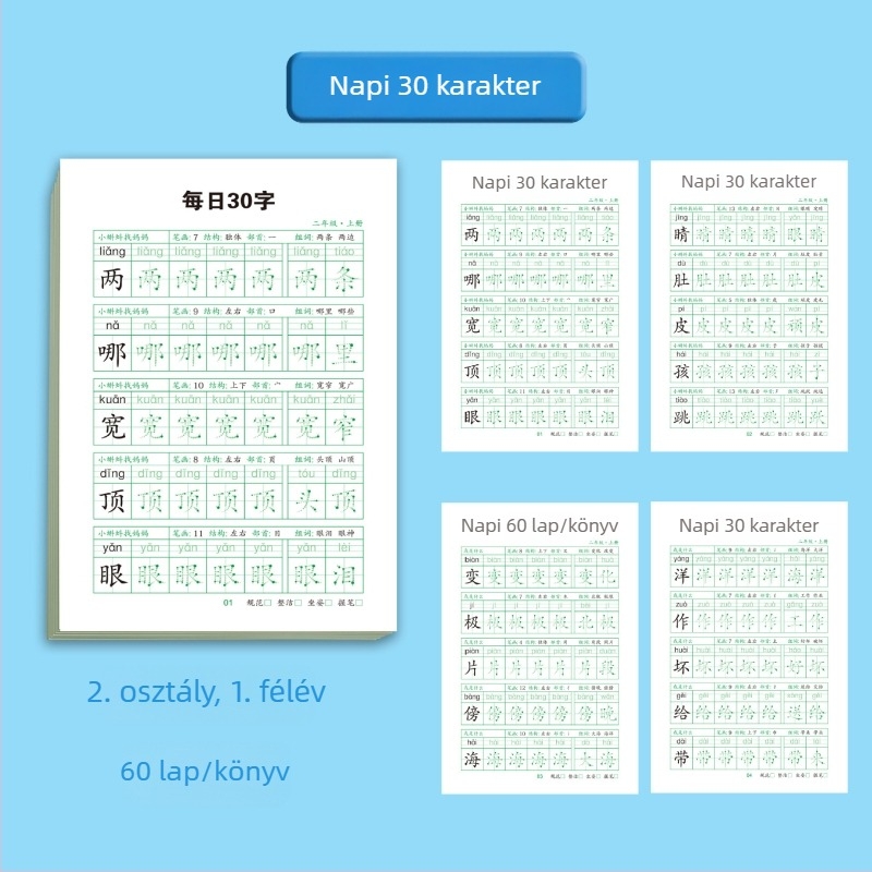Napi 30 karakteres kalligráfia gyakorlókönyv 1–3. osztályosoknak – kínai nyelvű írásgyakorlás a stressz csökkentésére