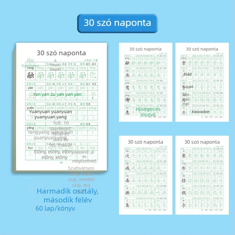 Napi 30 karakteres kalligráfia gyakorlókönyv 1–3. osztályosoknak – kínai nyelvű írásgyakorlás a stressz csökkentésére