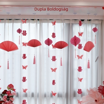 Esküvői dekorációs készlet kettős boldogság feliratú girlandákkal, menyasszonyi hálószoba függönyökkel, lámpásokkal és lógó díszekkel