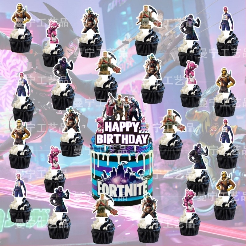 Fortnite Night témájú parti dekorációs készlet: zászlófüzérek, torta topperek, spirálisan lógó díszítések és alpaka party kellékek