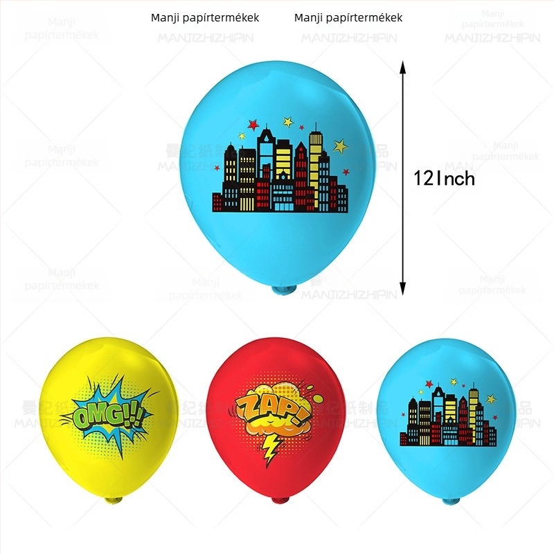 Szuperhősök város témájú születésnapi dekorációs készlet: bannerek, tortadíszek és latex ballonok