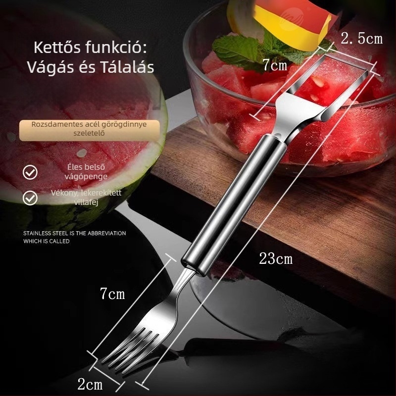 Rozsdamentes acél dinnyeszeletelő – Multifunkcionális kettős fejű vágó kockákra és karéjakra, 2 az 1-ben