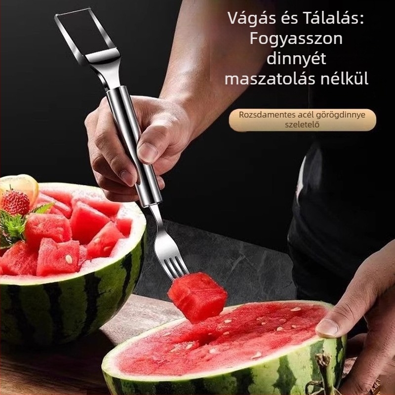 Rozsdamentes acél dinnyeszeletelő – Multifunkcionális kettős fejű vágó kockákra és karéjakra, 2 az 1-ben