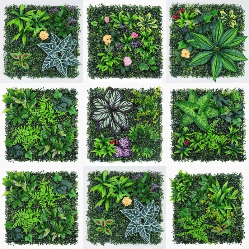 50x50 cm Milan Mix beltéri műnövény fal, zöld fal háttérrel, élethű virágok