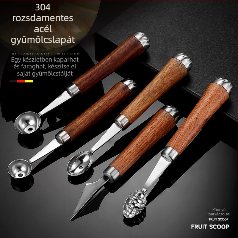 304 rozsdamentes acél gyümölcskanál gravírozott szeletelővel és rózsafa fogantyúval – DIY tálaló eszköz