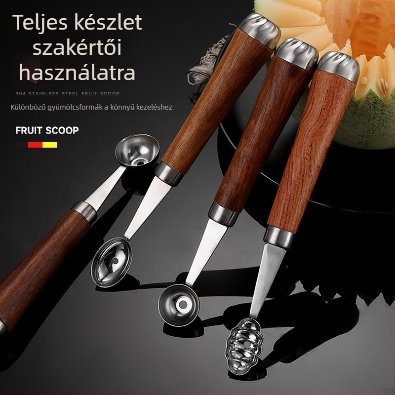 304 rozsdamentes acél gyümölcskanál gravírozott szeletelővel és rózsafa fogantyúval – DIY tálaló eszköz