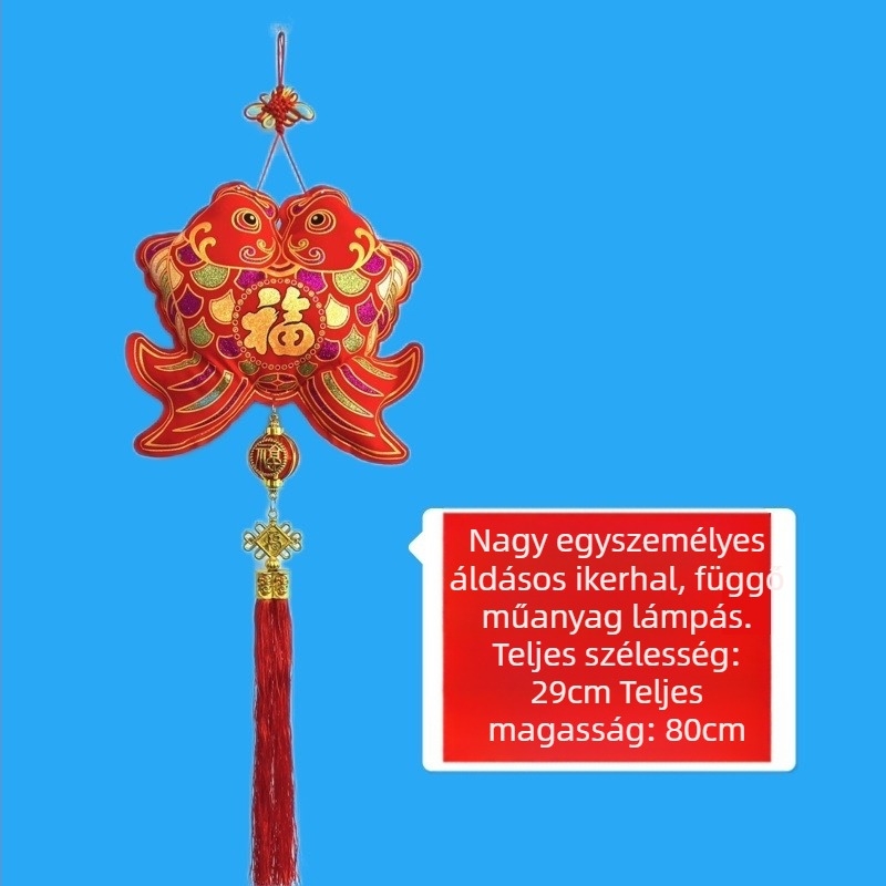 Kínai csomó akasztós lámpás dísz, velúr arany nyomtatás, öt áldás, halmedálok, lótusz és a szerencse jel