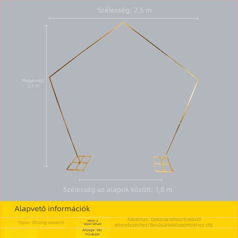 Vasból készült esküvői íves falfüggöny, virágtartó állvány és geometriai hátteret adó keret