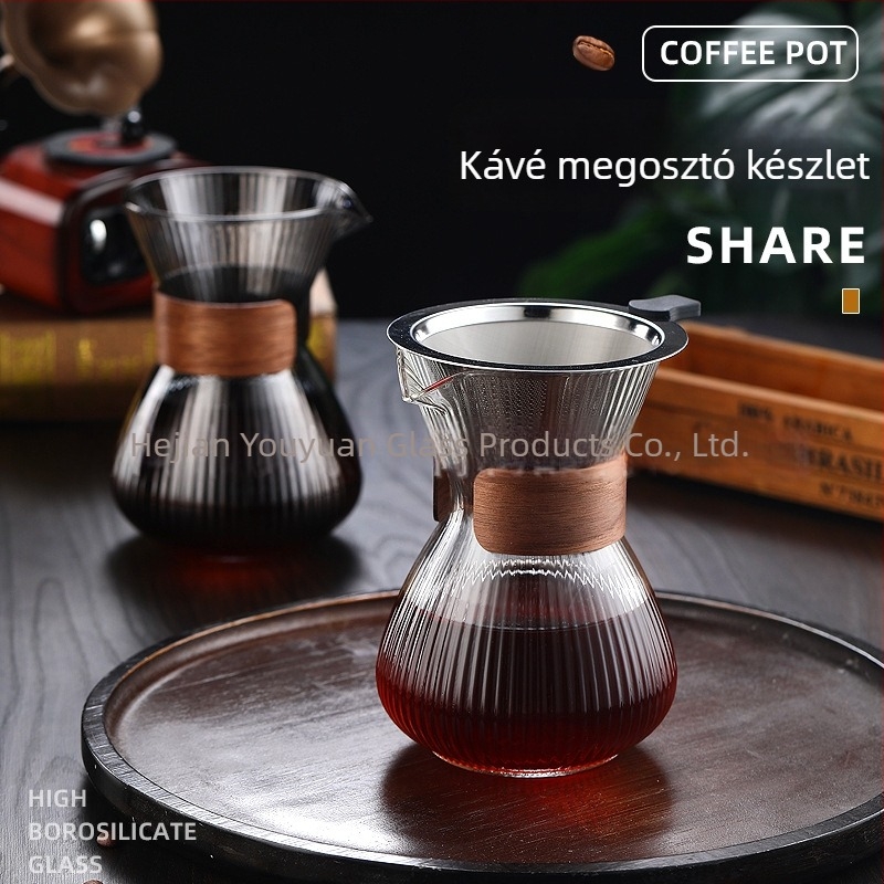 Kávé megosztó készlet: csíkos boroszilikát üvegből készült pour-over kannával és újrahasználható hálós szűrővel