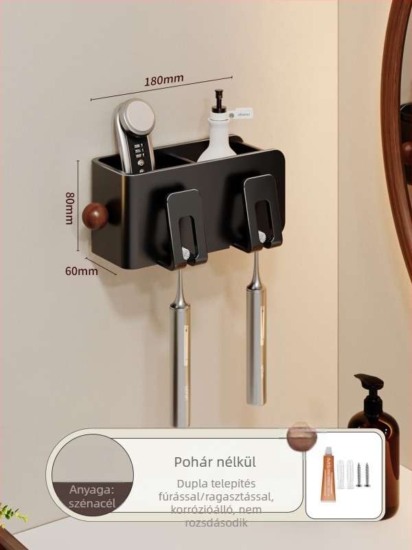 Retro stílusú fogkefés pohártartó, falra szerelhető, fúrás nélkül, szénacélból, 2–4 rekesz