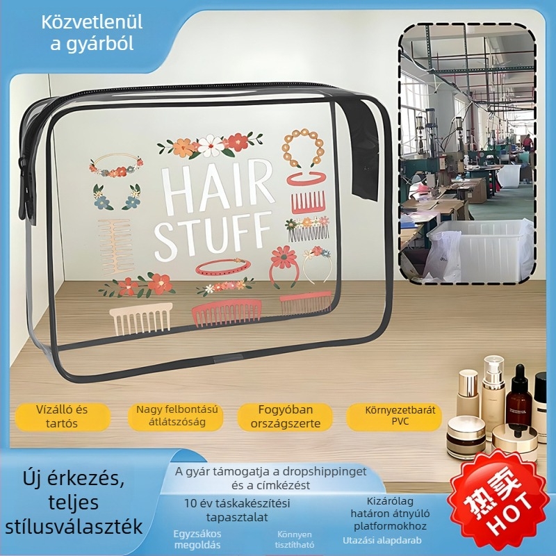 Átlátszó PVC sminktáska, tiszta átlátható dizájn, tágas kozmetikai neszesszer cipzárral