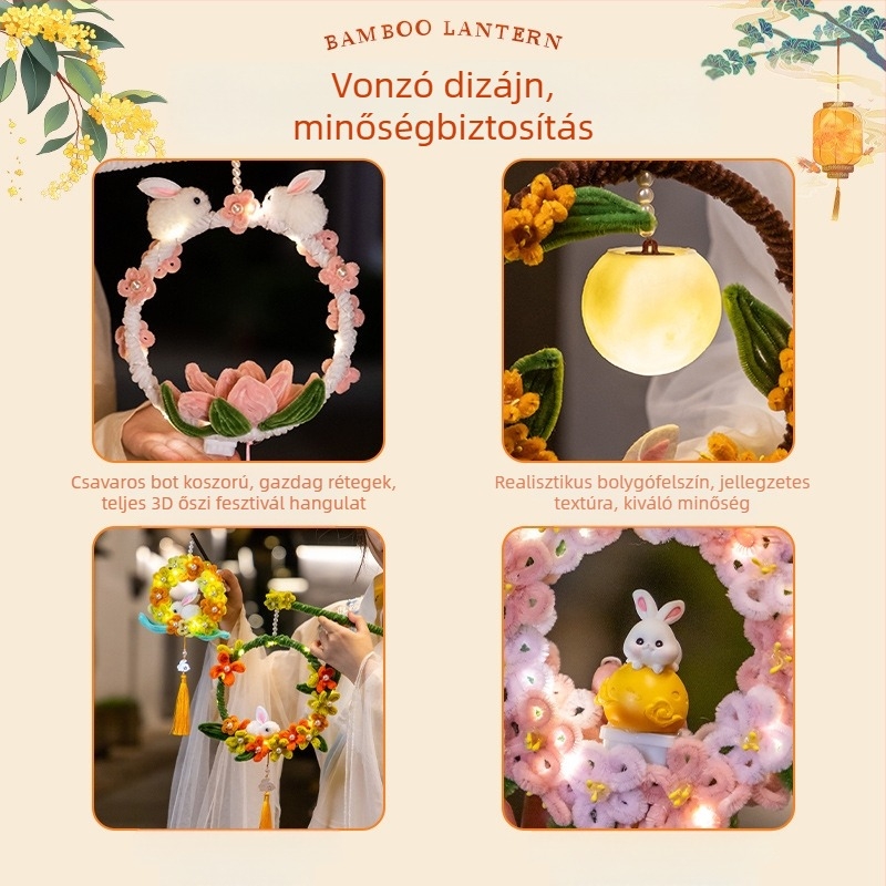 Kézzel készített világító nyuszi-girland lámpás DIY dekoráció a Középső Ősz ünnepére