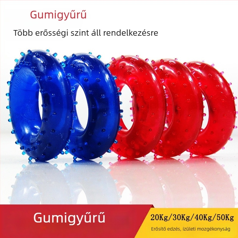 Gumigyűrűvel és rehabilitációs golyóval készült fogás-fejlesztő edzőeszköz — kéz-erő és uj-edzés készülék