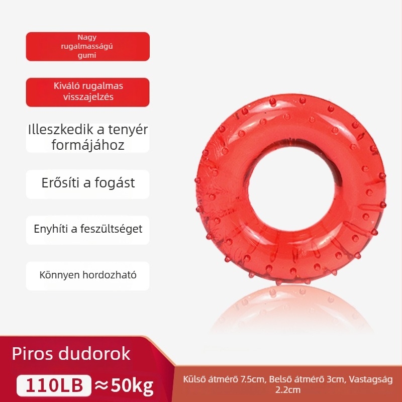 Gumigyűrűvel és rehabilitációs golyóval készült fogás-fejlesztő edzőeszköz — kéz-erő és uj-edzés készülék