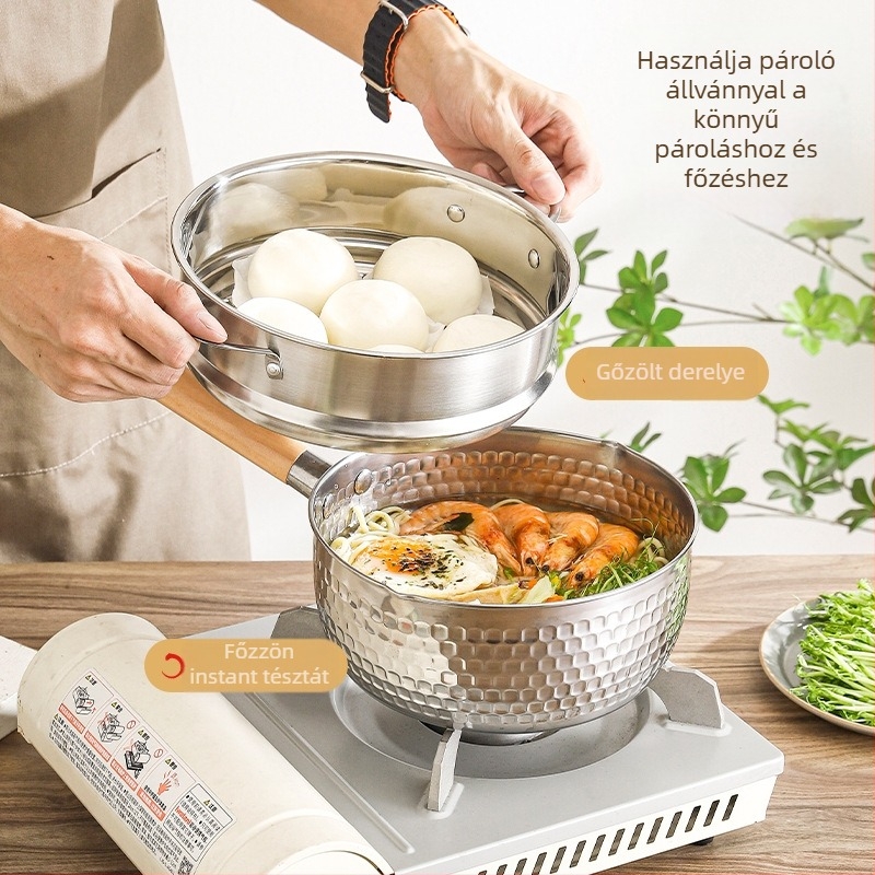 Rozsdamentes acél Yukihira fazék, kis méretű, bevonat nélküli, fedővel, egy személyre szóló, tészta, leves és bébiételek készítéséhez