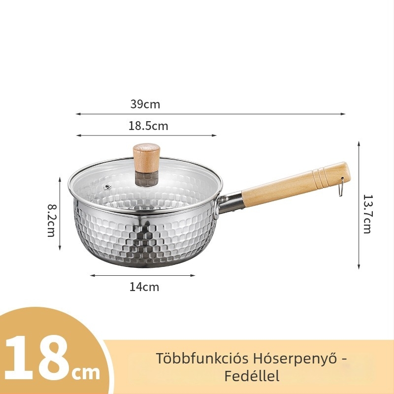 Rozsdamentes acél Yukihira fazék, kis méretű, bevonat nélküli, fedővel, egy személyre szóló, tészta, leves és bébiételek készítéséhez