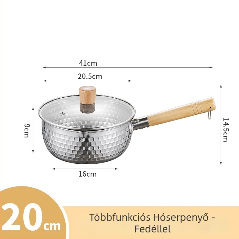 Rozsdamentes acél Yukihira fazék, kis méretű, bevonat nélküli, fedővel, egy személyre szóló, tészta, leves és bébiételek készítéséhez