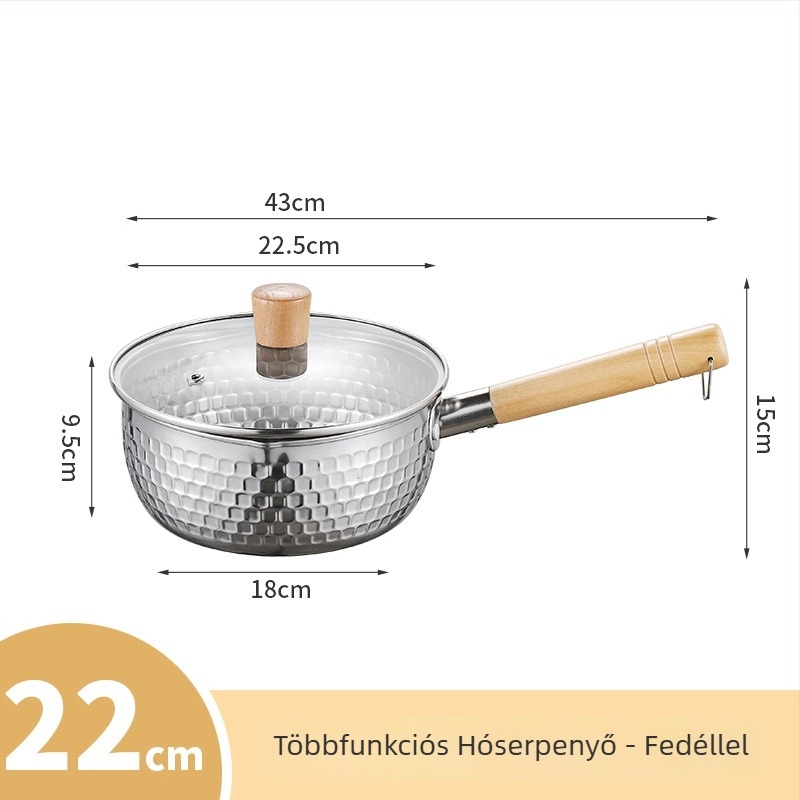Rozsdamentes acél Yukihira fazék, kis méretű, bevonat nélküli, fedővel, egy személyre szóló, tészta, leves és bébiételek készítéséhez
