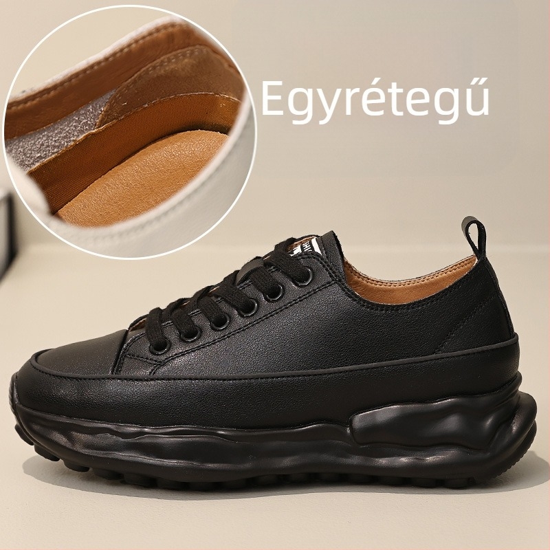 Koreai stílusú platformos bőr sportcipő nőknek, kerek orrú, magasságot növelő, puha talpú, minden évszakra