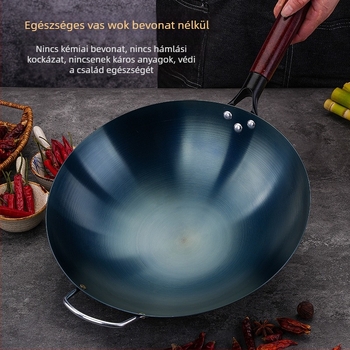 Kék vas wok kerek alappal, fedetlen felülettel, tapadásálló, gáztűzhelyhez, otthoni és professzionális használatra