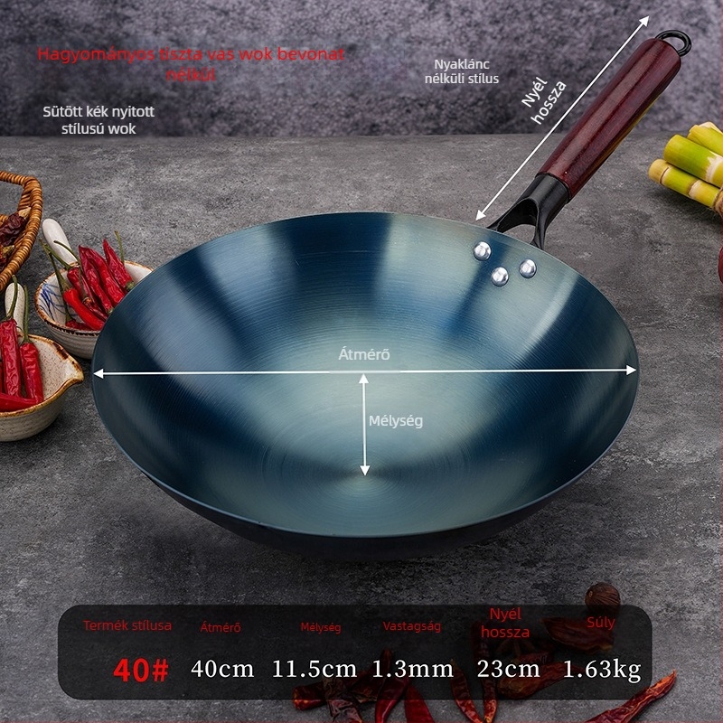 Kék vas wok kerek alappal, fedetlen felülettel, tapadásálló, gáztűzhelyhez, otthoni és professzionális használatra