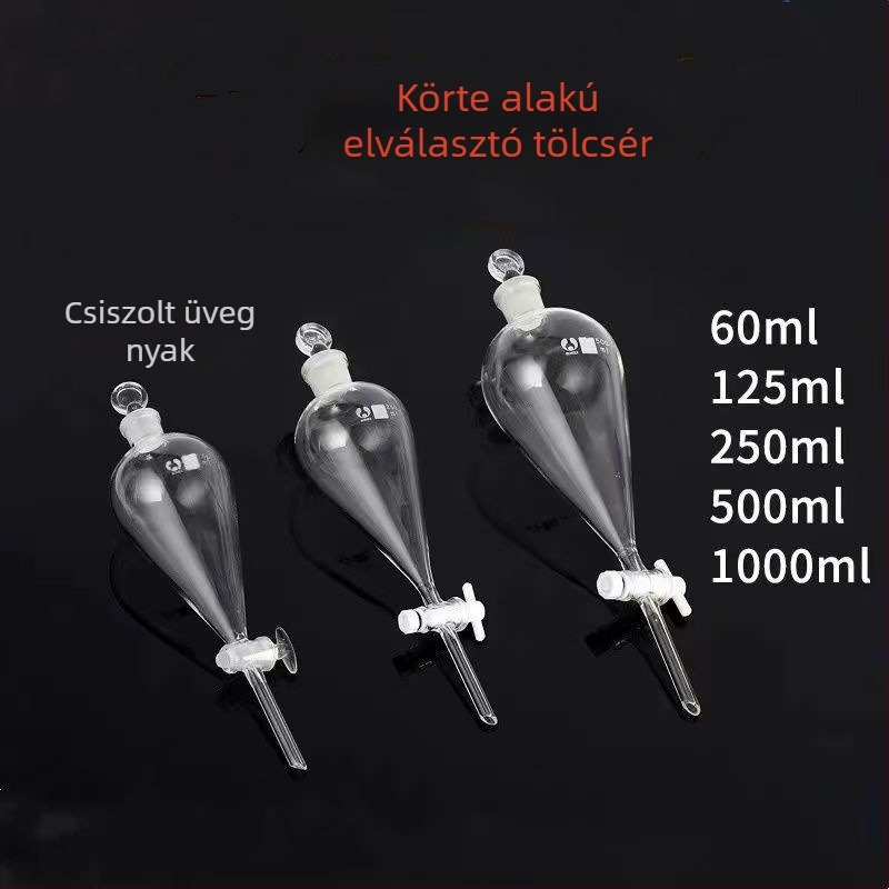 Körtével formázott szétválasztó tölcsér, üveg vagy PTFE, 60 ml, 125 ml, 250 ml, 500 ml, 1000 ml