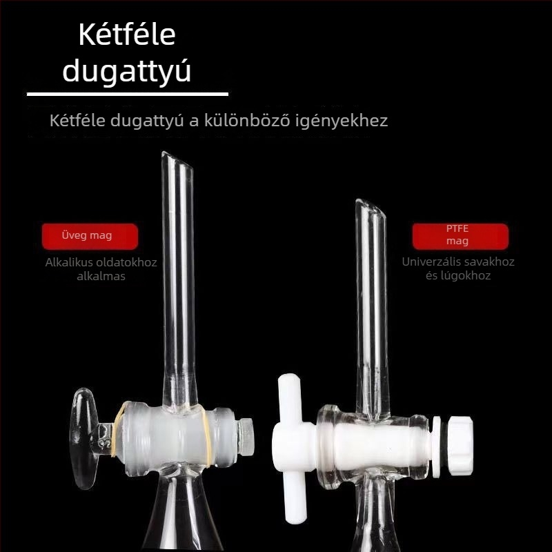 Körtével formázott szétválasztó tölcsér, üveg vagy PTFE, 60 ml, 125 ml, 250 ml, 500 ml, 1000 ml
