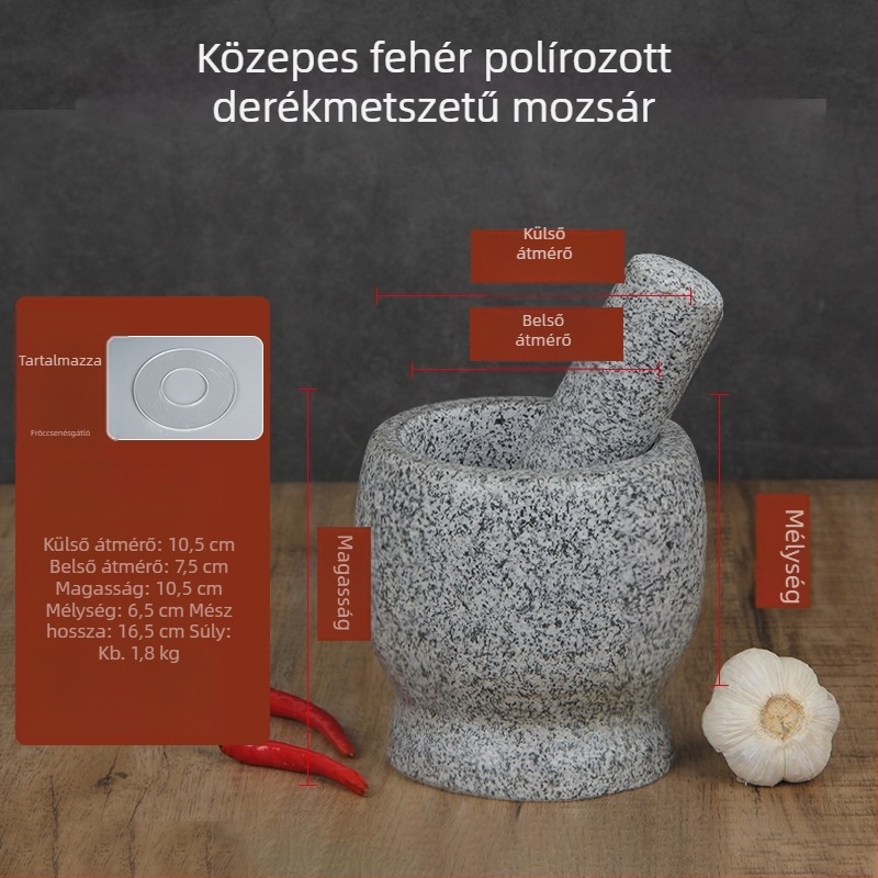Kő mozsár fokhagymához, fehér gránit