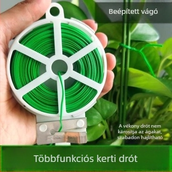 Zöld PVC-bevonatú kerti kötöző dróttekercsek futónövények és rózsák rögzítéséhez – tekercsek vágóval