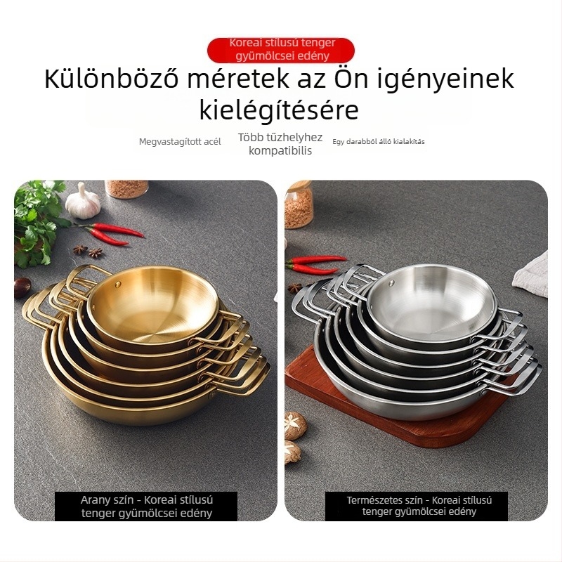 Koreai stílusú rozsdamentes acél tengeri étele edény, száraz fazék dupla fogantyúkkal, arany színű, ramenhez, leveshez és tésztához, sík aljú mini forró fazék