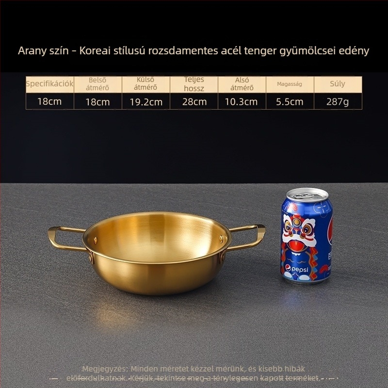 Koreai stílusú rozsdamentes acél tengeri étele edény, száraz fazék dupla fogantyúkkal, arany színű, ramenhez, leveshez és tésztához, sík aljú mini forró fazék