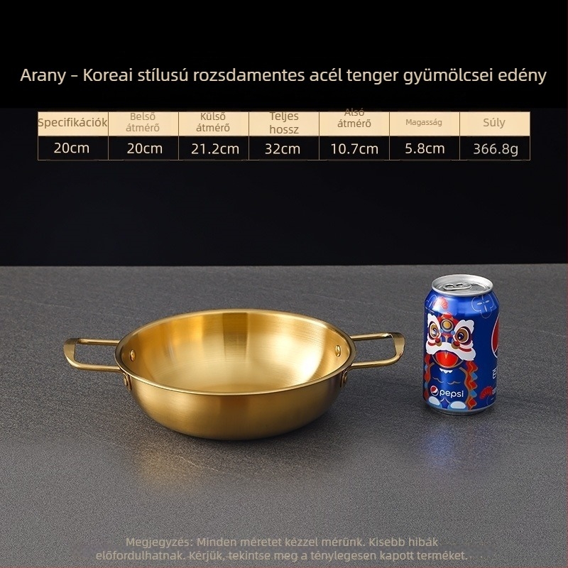 Koreai stílusú rozsdamentes acél tengeri étele edény, száraz fazék dupla fogantyúkkal, arany színű, ramenhez, leveshez és tésztához, sík aljú mini forró fazék