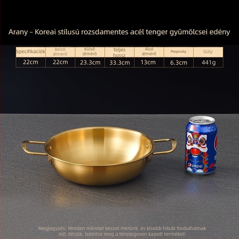 Koreai stílusú rozsdamentes acél tengeri étele edény, száraz fazék dupla fogantyúkkal, arany színű, ramenhez, leveshez és tésztához, sík aljú mini forró fazék