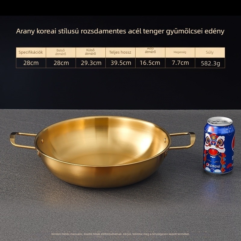 Koreai stílusú rozsdamentes acél tengeri étele edény, száraz fazék dupla fogantyúkkal, arany színű, ramenhez, leveshez és tésztához, sík aljú mini forró fazék