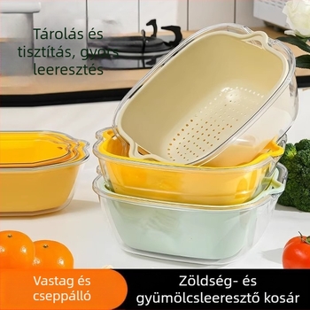Kétoldalas, átlátszó leeresztőkosár zöldségek és gyümölcsök mosására, konyhai kosár, gyümölcstál, többfunkciós mosás és vízszűrés.
