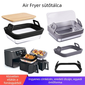 Szilikonfogantyús rozsdamentes acél sütőedény légsütőhöz, égési védelem — grillszett kiegészítők