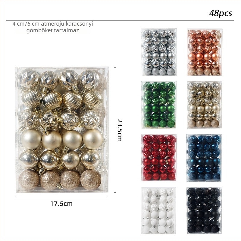 Karácsonyi gömbök készlet, 48 darab, 4 cm és 6 cm átmérőjű gömbök, karácsonyfadísz, háttércsomag