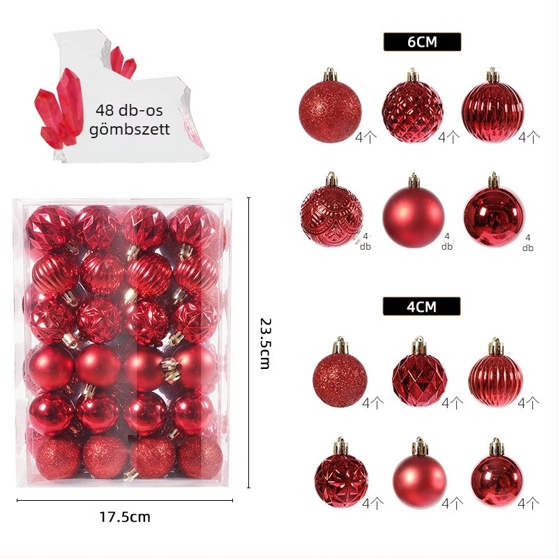 Karácsonyi gömbök készlet, 48 darab, 4 cm és 6 cm átmérőjű gömbök, karácsonyfadísz, háttércsomag