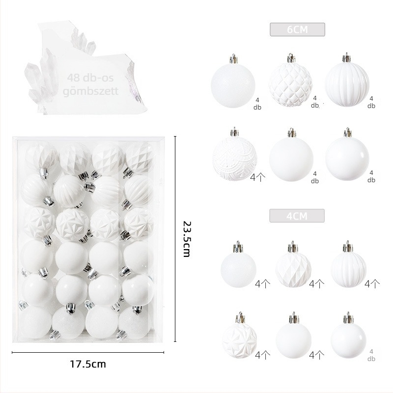 Karácsonyi gömbök készlet, 48 darab, 4 cm és 6 cm átmérőjű gömbök, karácsonyfadísz, háttércsomag