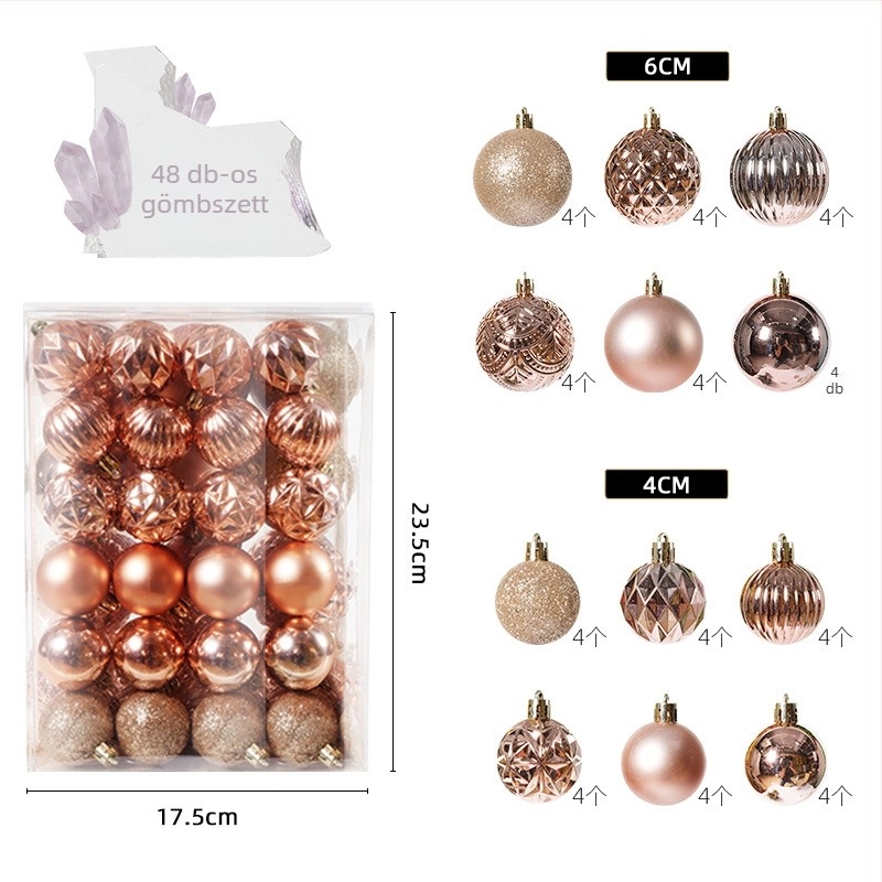 Karácsonyi gömbök készlet, 48 darab, 4 cm és 6 cm átmérőjű gömbök, karácsonyfadísz, háttércsomag