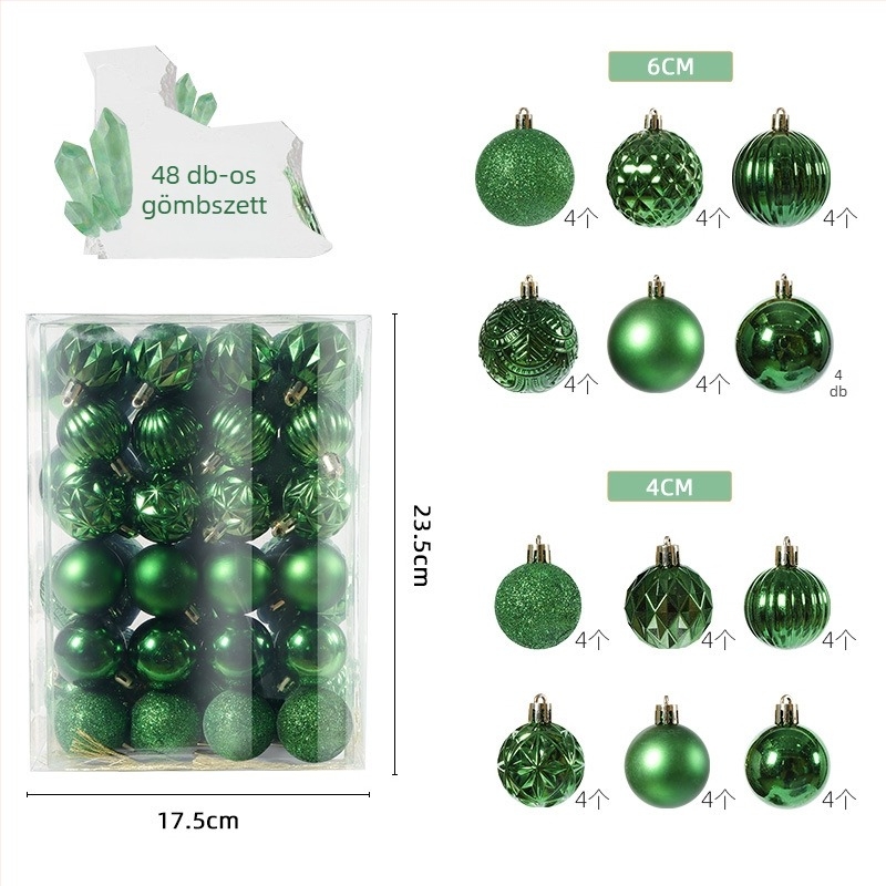 Karácsonyi gömbök készlet, 48 darab, 4 cm és 6 cm átmérőjű gömbök, karácsonyfadísz, háttércsomag