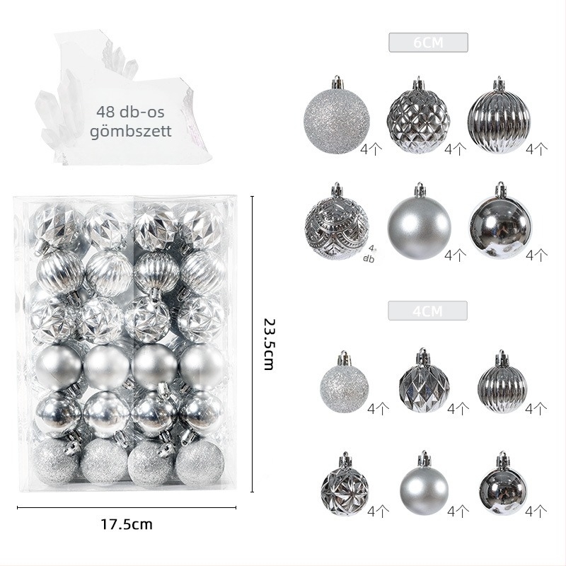Karácsonyi gömbök készlet, 48 darab, 4 cm és 6 cm átmérőjű gömbök, karácsonyfadísz, háttércsomag