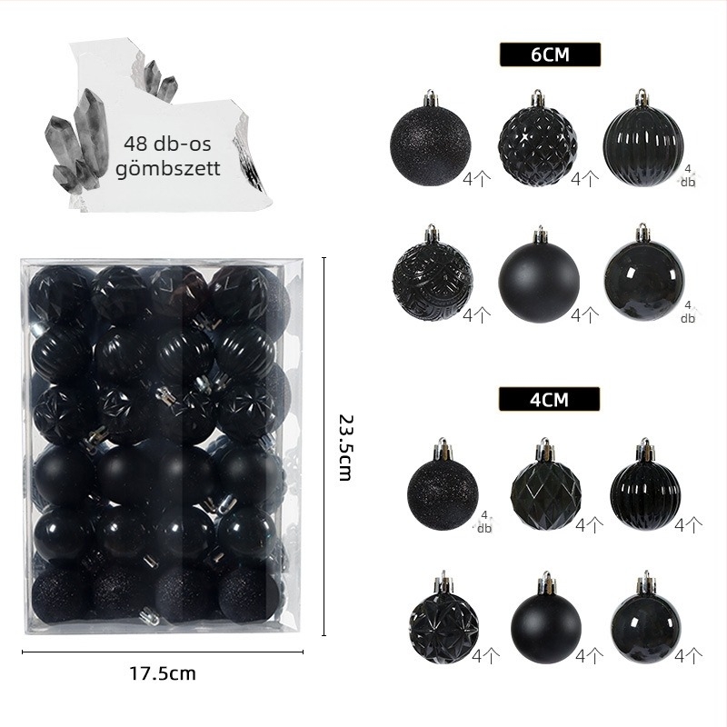 Karácsonyi gömbök készlet, 48 darab, 4 cm és 6 cm átmérőjű gömbök, karácsonyfadísz, háttércsomag