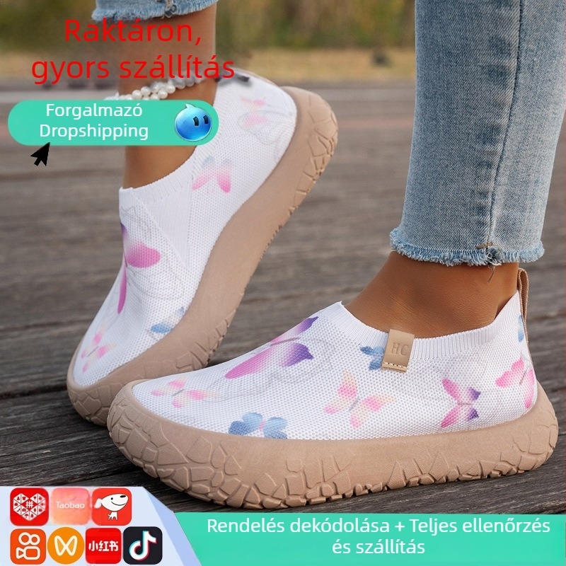 Női vastag talpú cipő rejtett magasságemeléssel, tavaszi puha talpú sportos–szabadidős slip-on cipő, széles, csúszásmentes