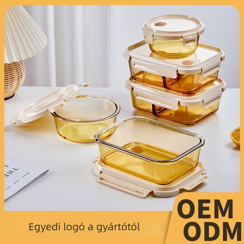 Boroszilikát üvegből készült ebédes doboz, fedéllel, téglalap alakú, mikrózható