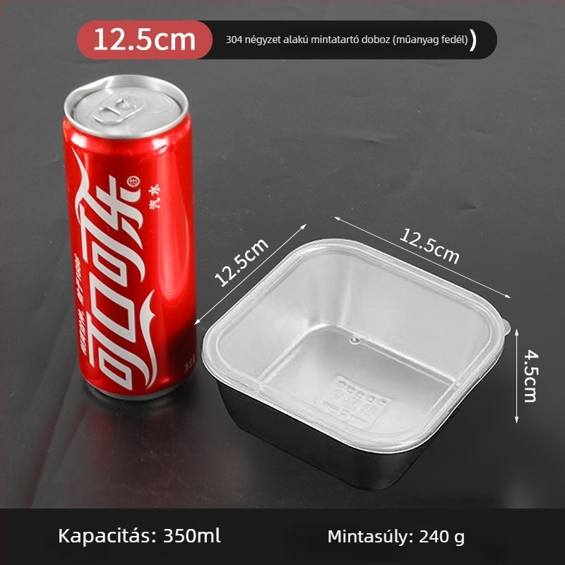 304 rozsdamentes acél minta tárolókészlet: kör alakú fedeles tál és vastagított négyszögletes mintatároló üveg, élelmiszer-minőségű